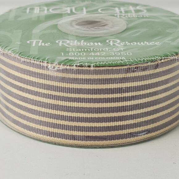 NIP spool striped mustard cream ribbon 1.5" x 30 Yards - Picture 3 of 5